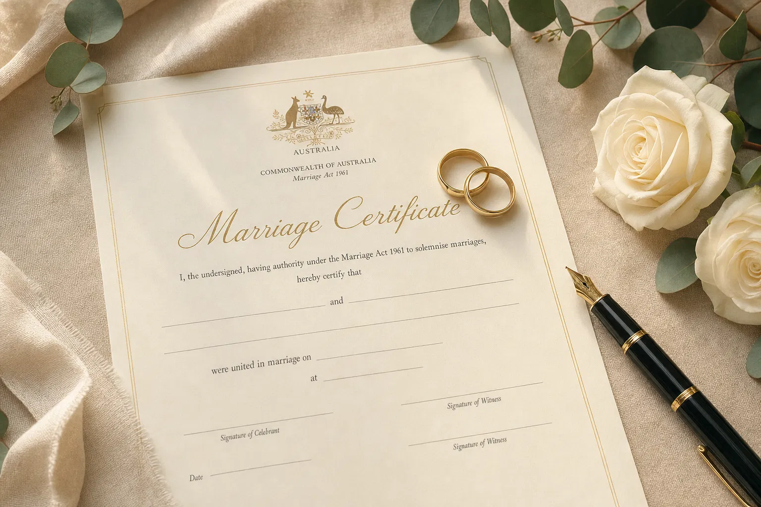 Marriage certificate with wedding rings